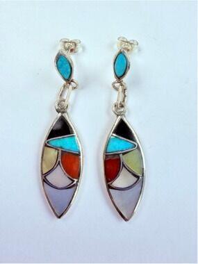 Old Pawn Zuni Multi Stone Flush Fish Scale Inlay Sterling Silver VTG Earrings